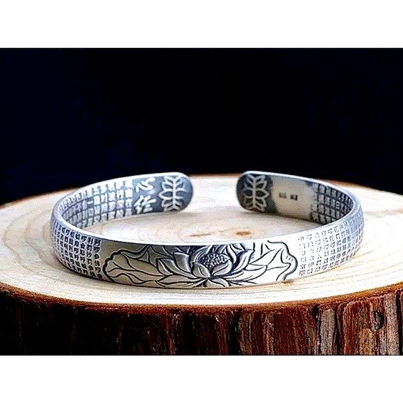 Unisex‎ Lotus Heart Sutra 999 Silver Cuff Bracelet, Size Adjustable - Picture 4 of 12